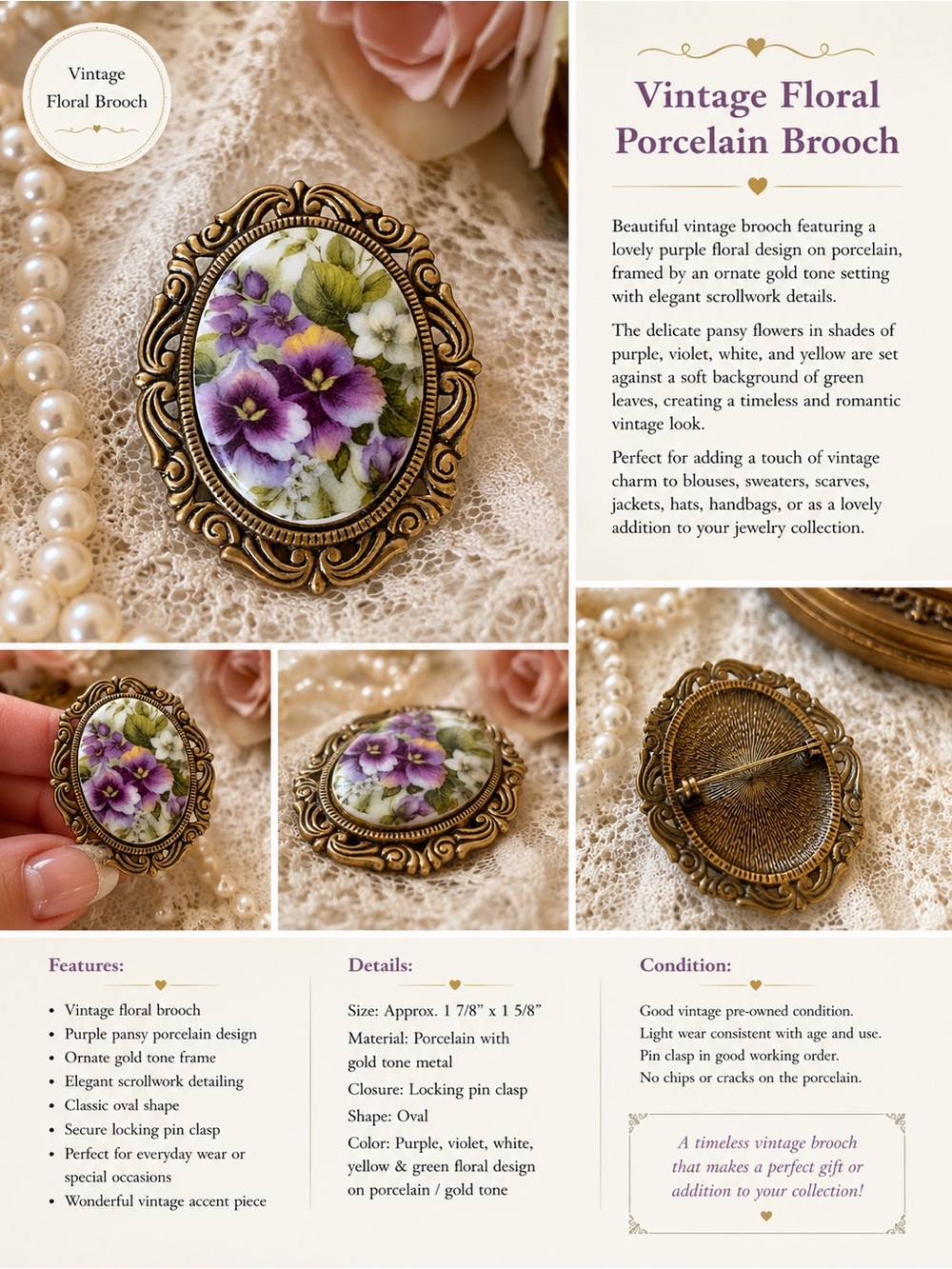 Vintage Floral Porcelain Brooch – Purple Pansy Design
